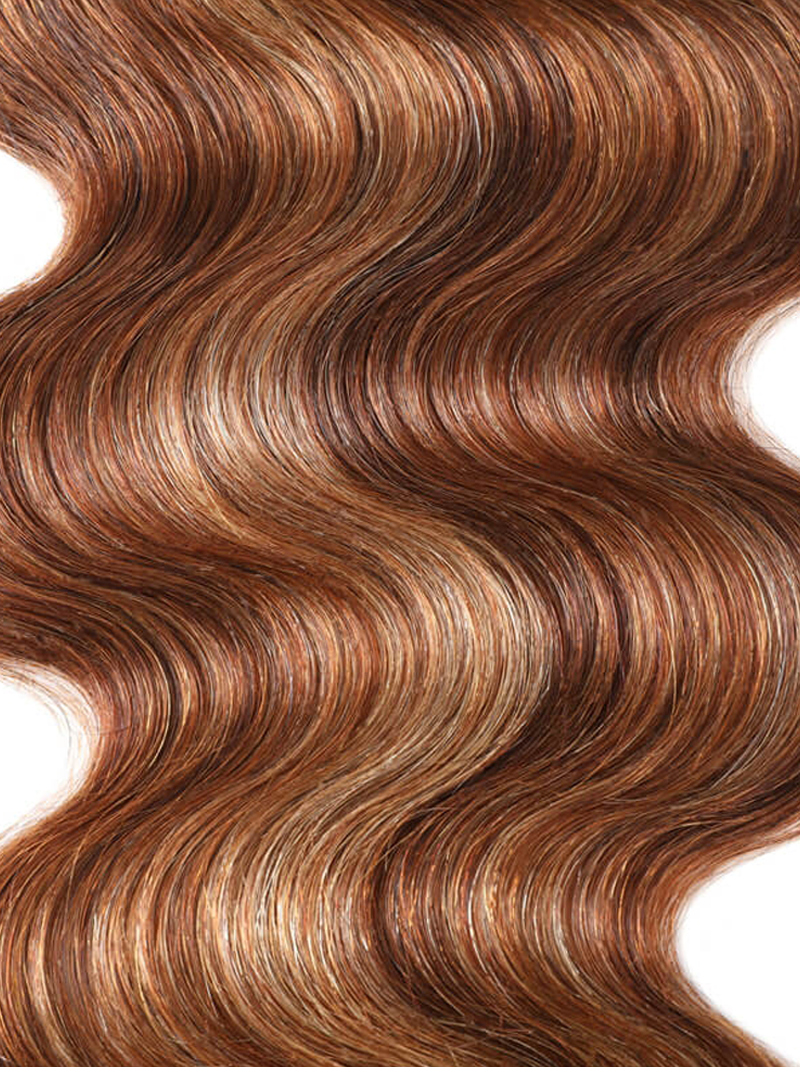 The UNice Honey Blonde Highlighted Body Wave 4x4 Free Part Closure product image shows a wavy wavy hair texture and body wave texture, honey blonde, highlight.