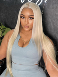 A model displays the UNice 180% High Density 13x4 Lace Front Straight Hair Wig Layered Butterfly Haircut, showing a model with long blonde hair wearing a blue dress.