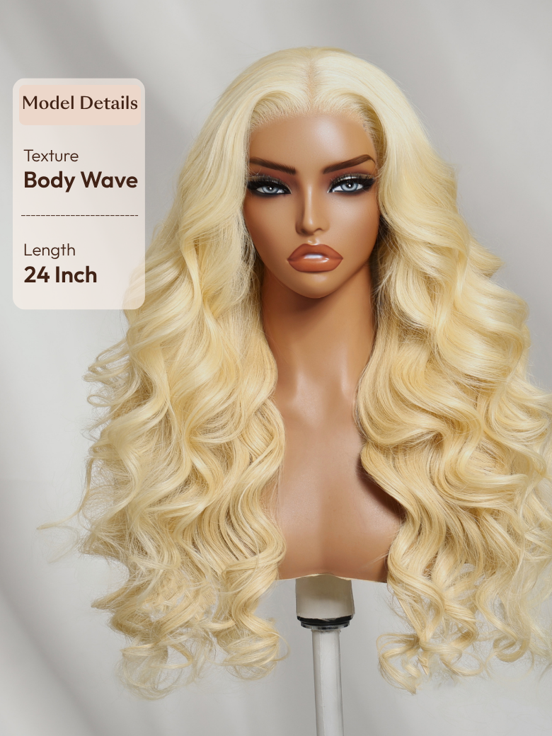 The UNice 13x4 Bye Bye Slip Lace Frontal 613 Blonde Straight/ Body Wave Glueless Wig visual image position 2 shows blonde blonde wavy wig with bangs | body wave texture.