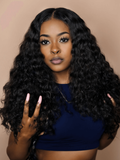 The Unice Invisible 5x5 HD Lace Closure Free Part Deep Wave Human Hair With Baby Hair visual image position 2 shows a model with long black hair and a blue top | deep.