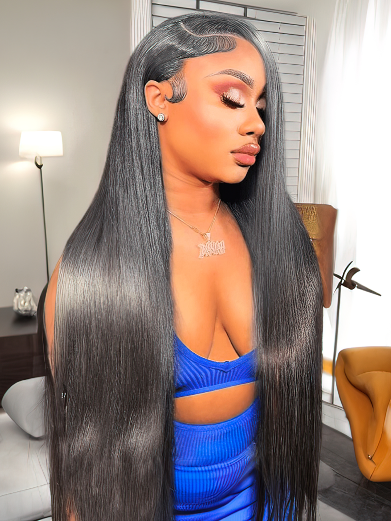 A model displays the UNice 26"-40" 180% Density HD Lace 5x5 Closure Skin Melt Perfect Hairline Glueless, showing a model with long grey hair wearing a blue dress.