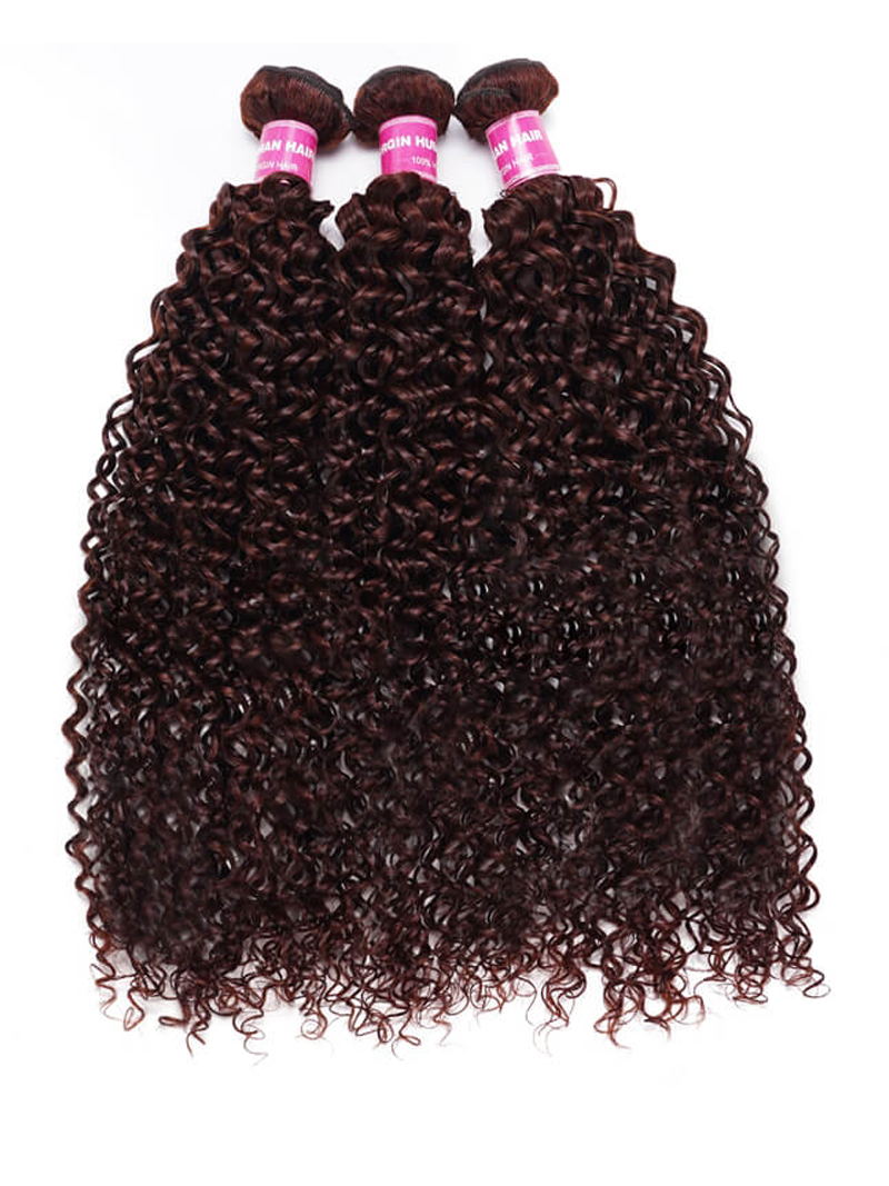 The UNice Mahogany Red Brown Jerry Curl 3Pcs 100% Remy Human Hair Bundles image highlights RGINHU, brazilian curly hair bundles and jerry curl texture, bundle fullness.