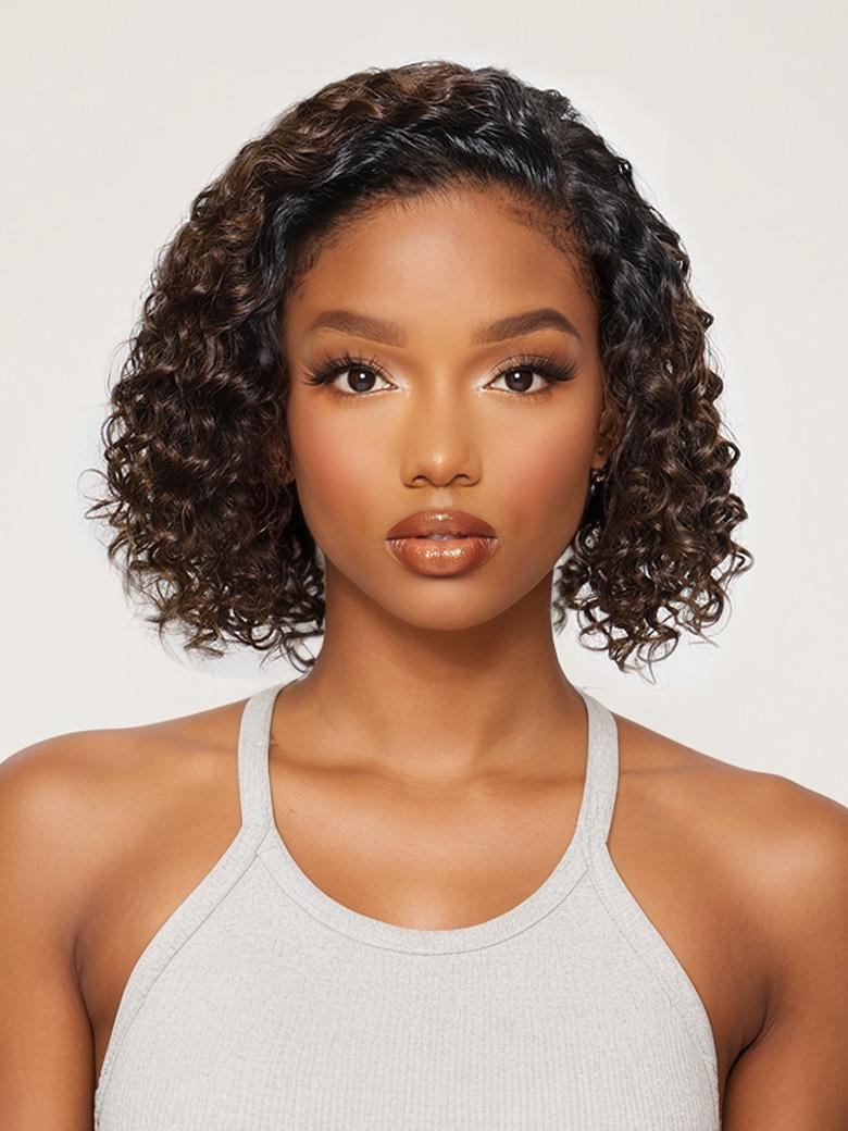 A model displays the UNice 7x5 Lace Bye Bye Slip Lace Frontal Side Part Wig Chestnut Brown Ombre Short, showing a model with curly hair wearing a grey tank top and curly.