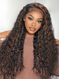The UNice 7x5 Bye Bye Knots Lace Water Wave Black Wig With Golden Brown Highlights visual image position 2 shows a model with long curly hair wearing a brown sweater |.