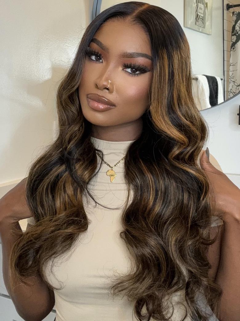 A model displays the UNice 7x5 Bye Bye Knots Wig Glueless Lace Balayage Highlight Body Wave Drawstring Wig, showing a model with long brown hair wearing a white top.