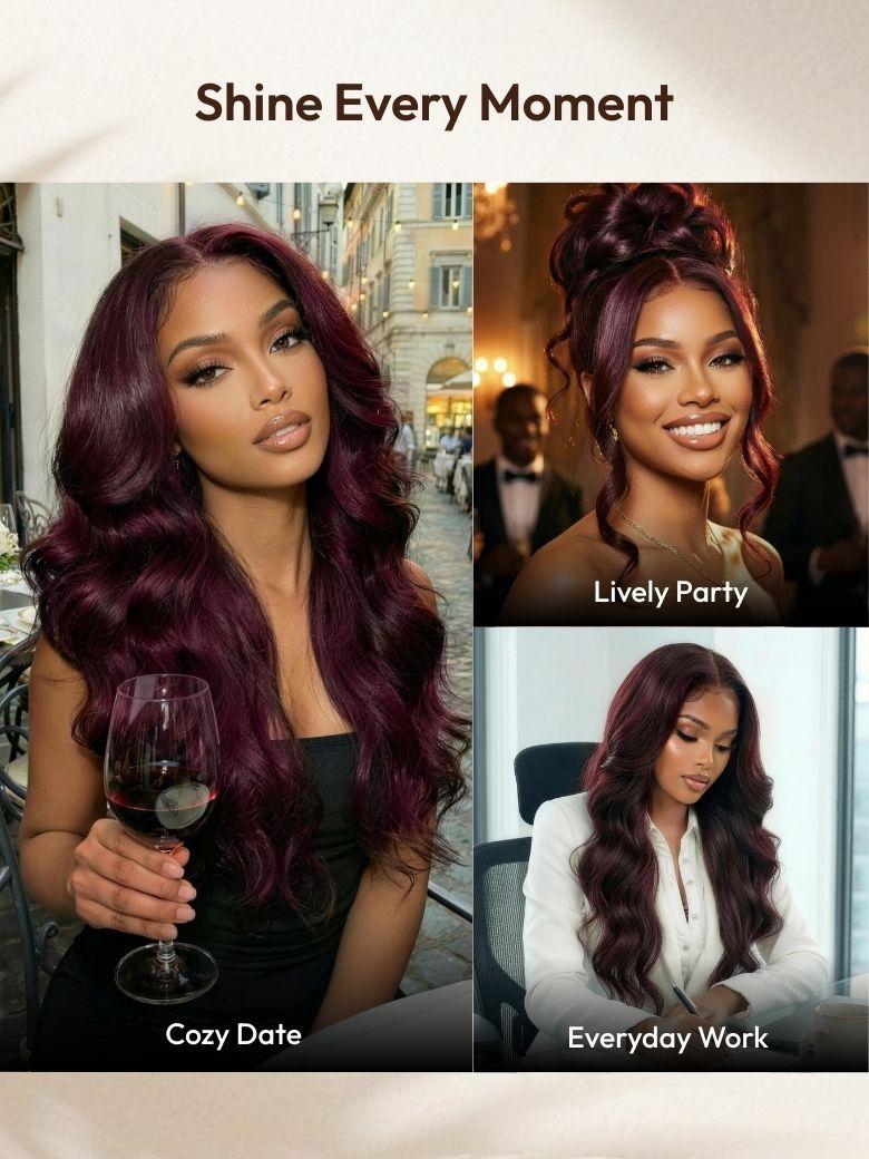 A model displays the UNice 7x5 & 13x4 Bye Bye Slip Glueless Lace Purple Black Cherry Loose Wave & Layered, showing a model with long dark hair and a wine glass and loose.