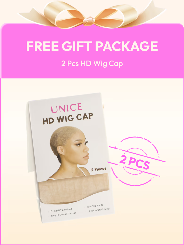 The UNice 7x5 & 13x4 Pre-Everything Lace Frontal Brown With Honey Blonde Face-Framing image highlights FREEGIFTPACKAGE, 2Pcs HDWig Cap, UNICE, HD WIG CAP, a pink gift.