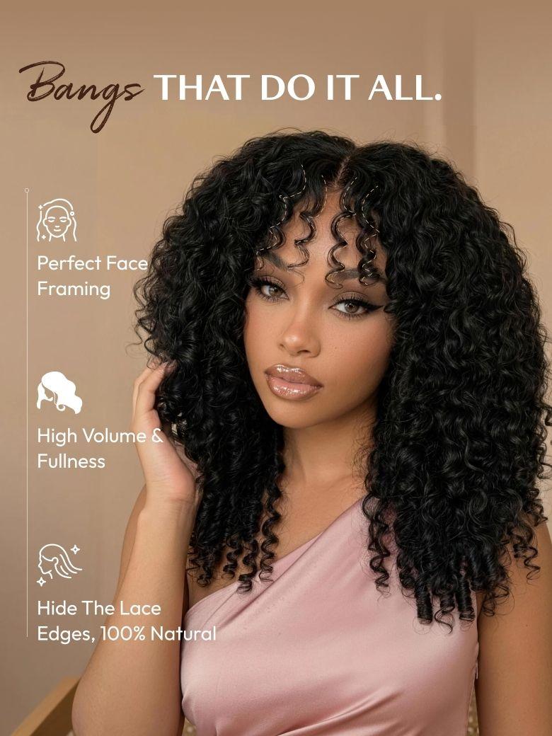 UNice voluminous black curly wig with face-framing curly bangs on a model.