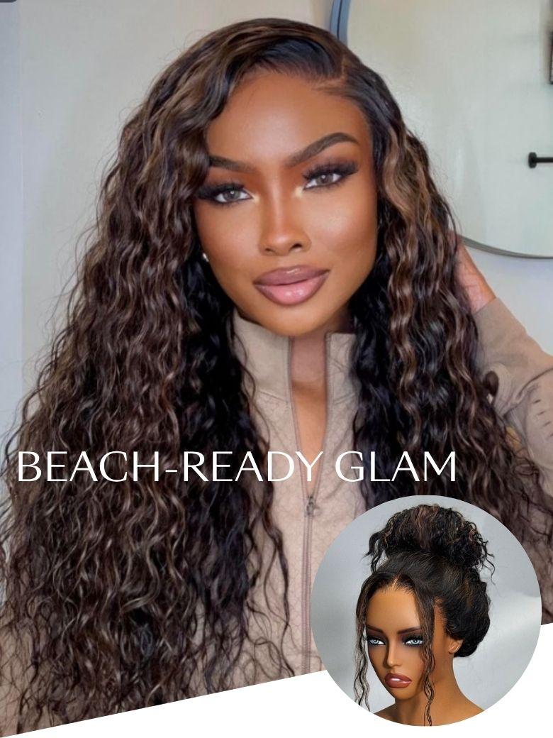 A model displays the UNice Bye Bye Knots 7x5 Lace Water Wave Black Wig With Golden Brown Highlights &, showing a model with long curly hair and a brown jacket and water.