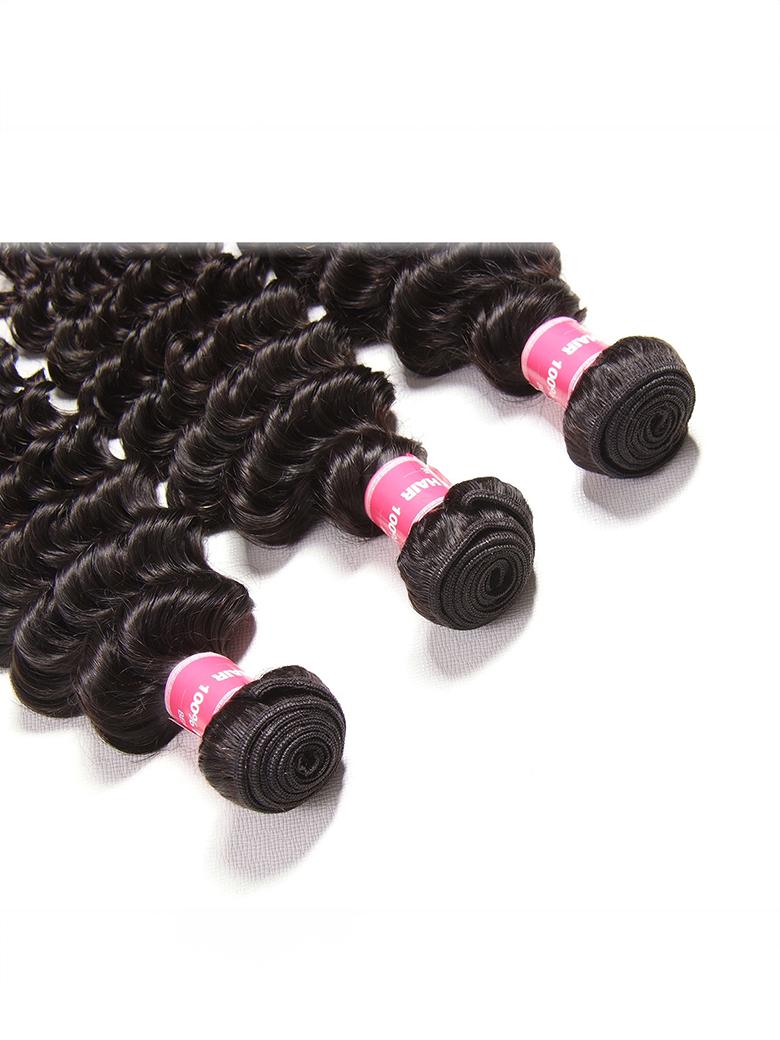 The UNice Deep Wave Malaysian Remy Hair 3 Bundles Deal Free Fast Shipping product image shows virgin hair bundles and deep wave texture, bundle fullness.