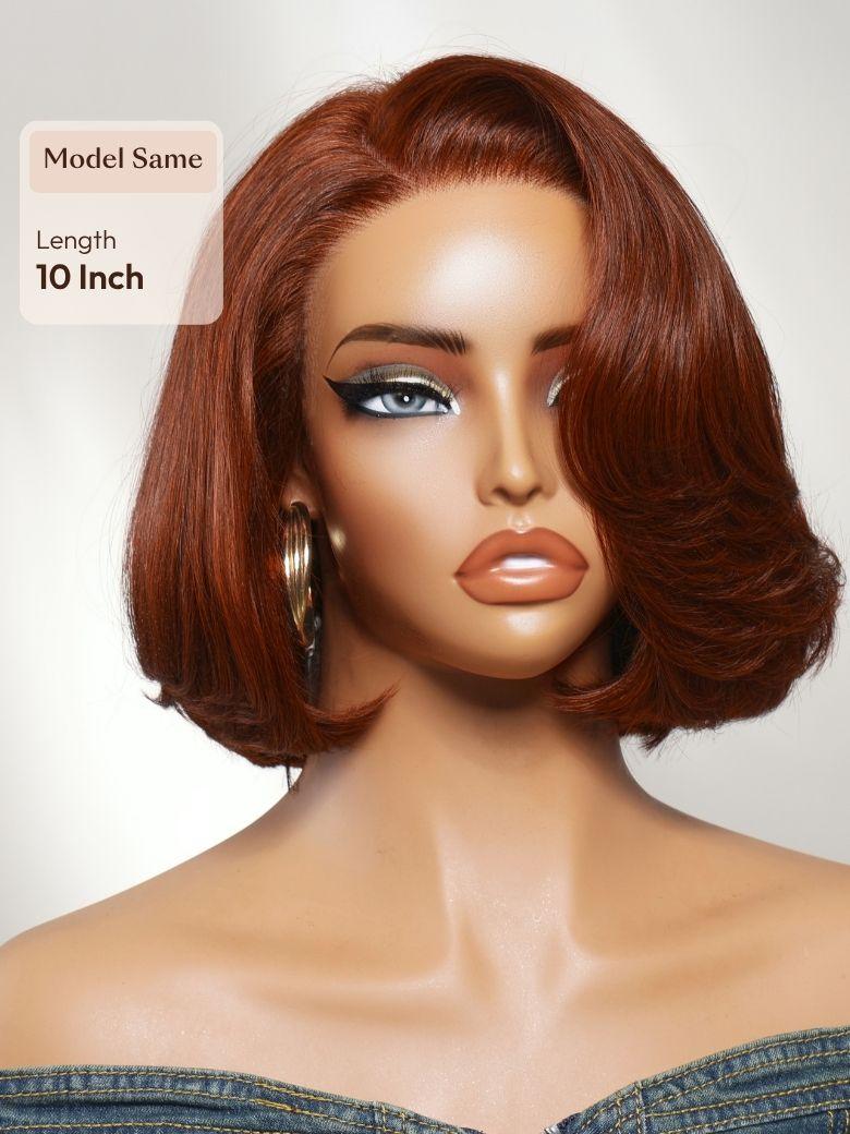 A model displays the UNice 7x5 Bye Bye Slip Lace Copper Auburn Side Part Blowout Bob Glueless Wig with, showing a model with a red bob bob bob bob bob bob bob bob bob.