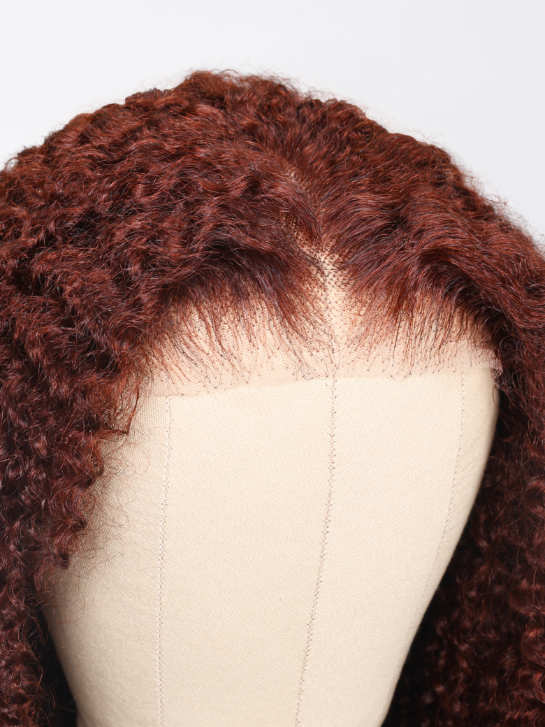The UNice 6x4.5 Pre Cut Transparent Lace Bleached Knots Put On And Go Reddish Brown wig product image shows a wig with a long curly hair and kinky curly texture, curly.