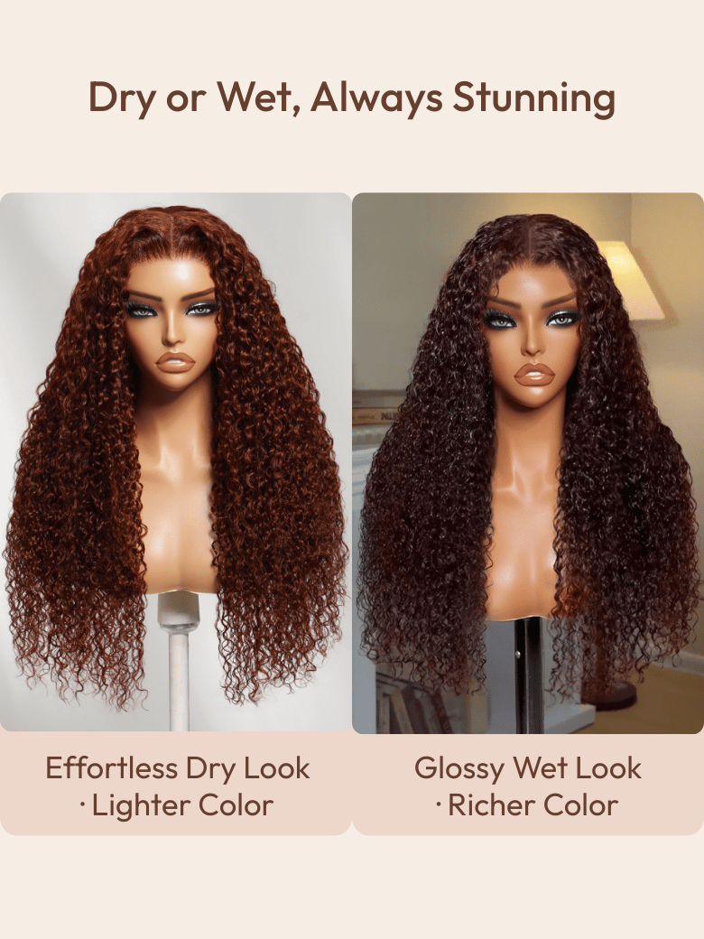 The UNice 7x5 Bye Bye Knots Wig Glueless Lace Sunset Reddish Brown Jerry Curly/ Afro image highlights Dry or Wet, Always Stunning, EffortlessDry Look, GlossyWetLook.