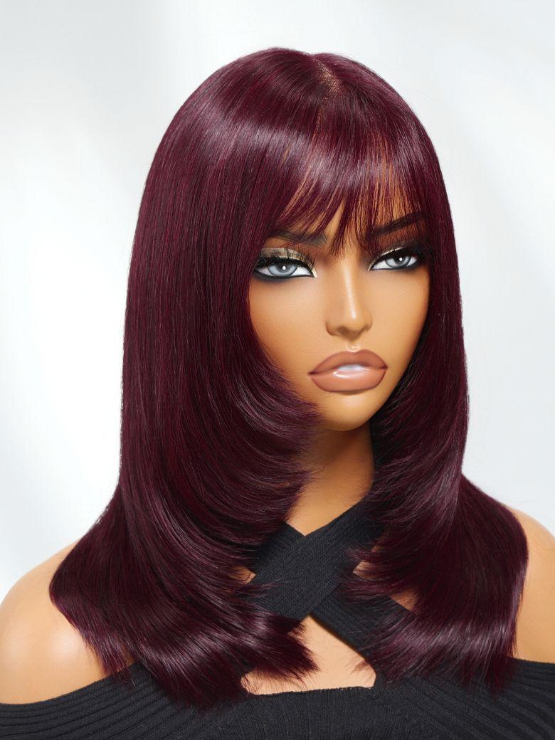 A model displays the UNice Human Hair Black Cherry Bye Bye Knots 7x5 Lace Glueless Bob Drawstring Layer wig, showing a model with long dark red hair and a black top.