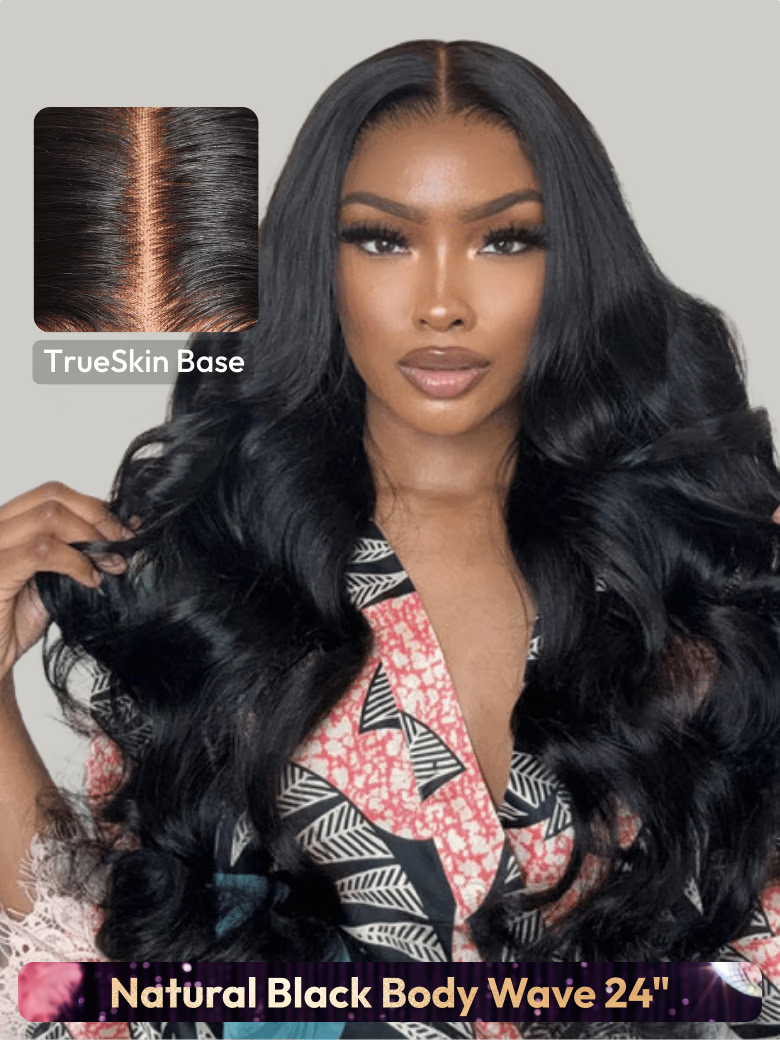 A model displays the UNice 180% Density Pre-Cut 6x4.5 Glueless Lace Honey Brown Highlights/ Reddish wig, showing natural black body wave lace closure closure closure.