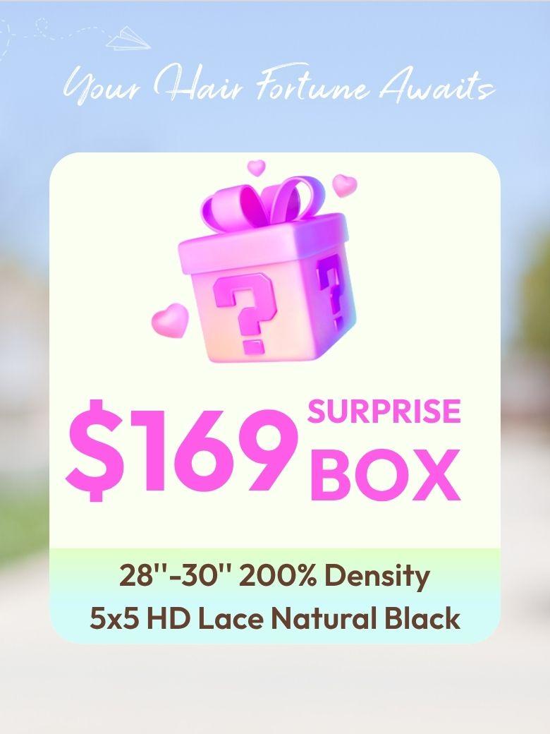 The UNICE $169 Surprise Box Get 28''-30'' 200% Density 5x5 HD Lace Natural Black Wig image highlights Your Hair Fortune Awaits, SURPRISE, BOX, 28"-30"200%Density.