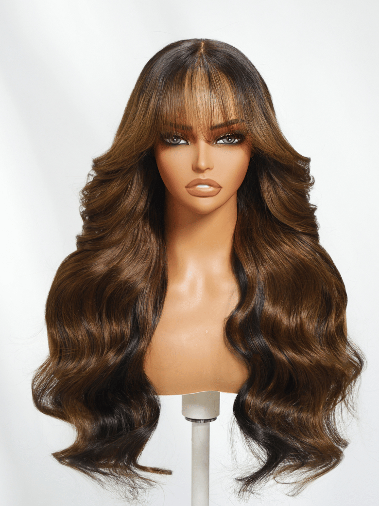 The UNice 7x5 Black Brown Money Piece Fluffy Loose Wave Curtain Bangs Wig product image shows a wig with long hair on a mann and loose wave texture, 7x5.
