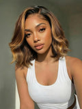 A model displays the UNice 7x5 & 13x4 Pre-Everything Lace Frontal Brown With Honey Blonde Face-Framing, showing a model with a white tank top and brown hair and honey.