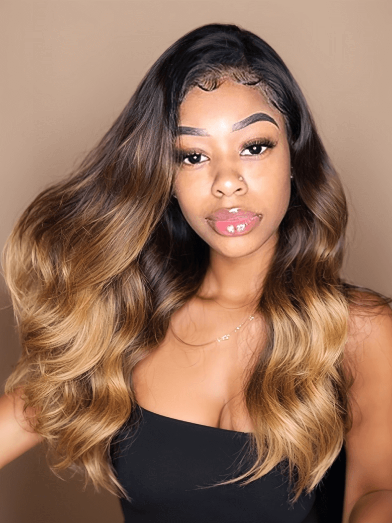 A model displays the UNice Hair Body Wave Virgin Hair 1 Bundle Unprocessed Ombre Human Hair Wave, showing a model with long hair and a black dress and body wave texture.