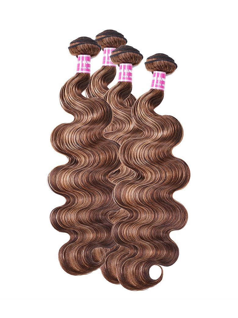 The UNice Gorgeous Highlight Honey Blonde Bouncy Body Wave Hair 4 Bundles product image shows brazilian body wave hair extensions and body wave texture, honey blonde.