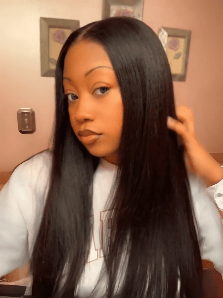 A model displays the UNice Hair Bundle 1 Pc/pack Yaki Virgin Human Hair, showing a model with long black hair and yaki texture, bundle fullness.