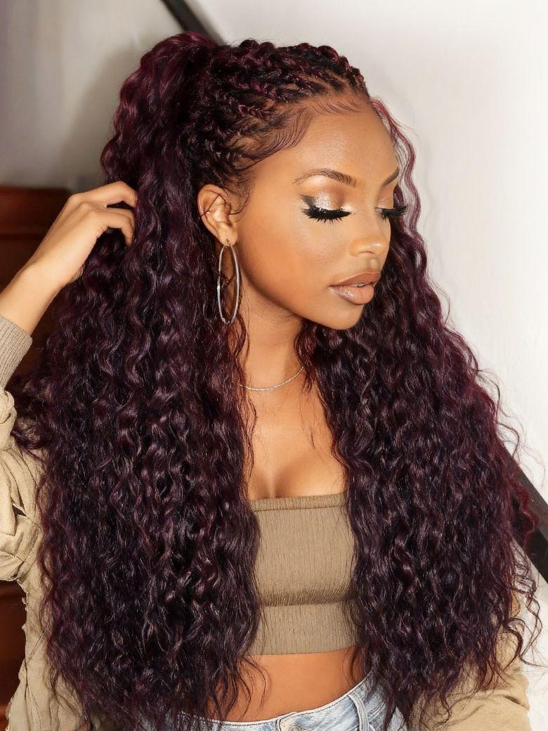 A model displays the UNice 13x4 Pre-Everything Lace Frontal Black Cherry Water Wave Glueless Drawstring, showing a model with long curly hair wearing a brown sweater.