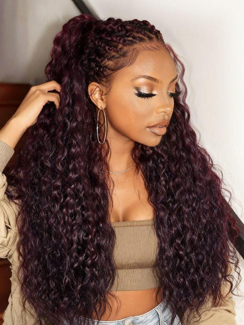 A model displays the UNice 13x4 Pre-Everything Lace Frontal Black Cherry Water Wave Glueless Drawstring, showing a model with long curly hair wearing a brown sweater.