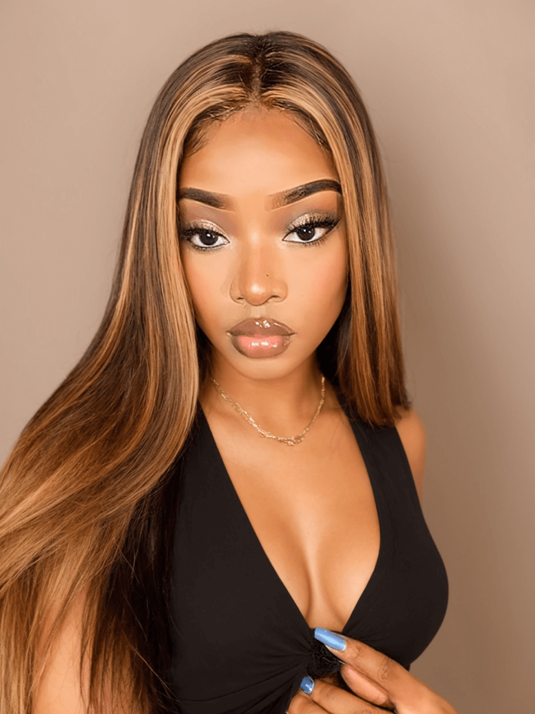 A model displays the UNice Hair Virgin 3 Bundles Deals Colored Hair Weave #FB30 Straight Hair, showing a model with long brown hair and a black top and straight texture.