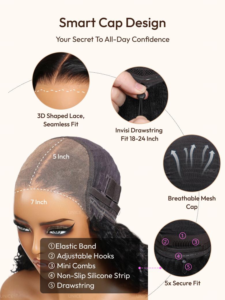 The UNice 7x5 Glueless Lace Bye Bye Knots Wig Pre-Cut Honey Blonde Body Wave Wig image highlights Smart Cap Design, YourSecretToAll-DayConfidence, 3D Shaped Lace.