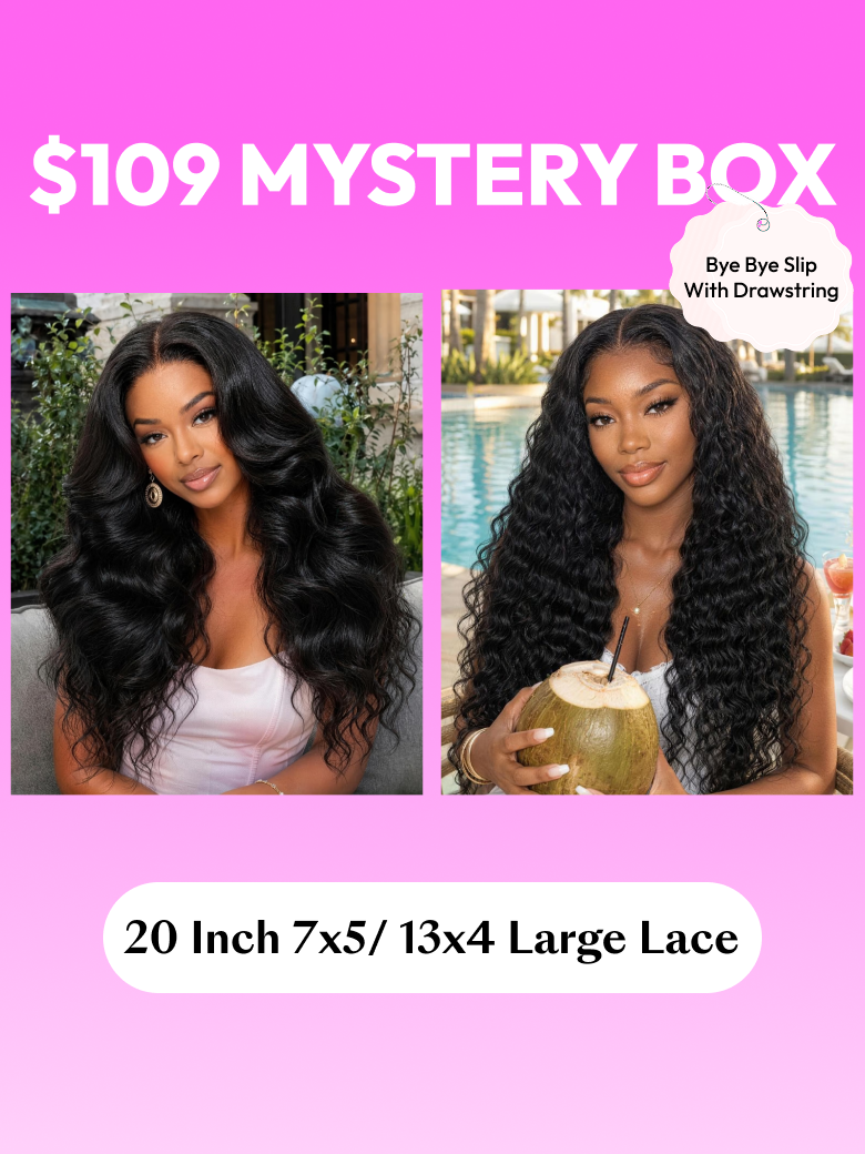 The UNice FULL Lace Wig Hiding Inside UNICE $39 Surprise Box Win 20 Inch Glueless 100% image highlights Yurne, ourprise, Box, win 16-22 inch, a pink box with a question.