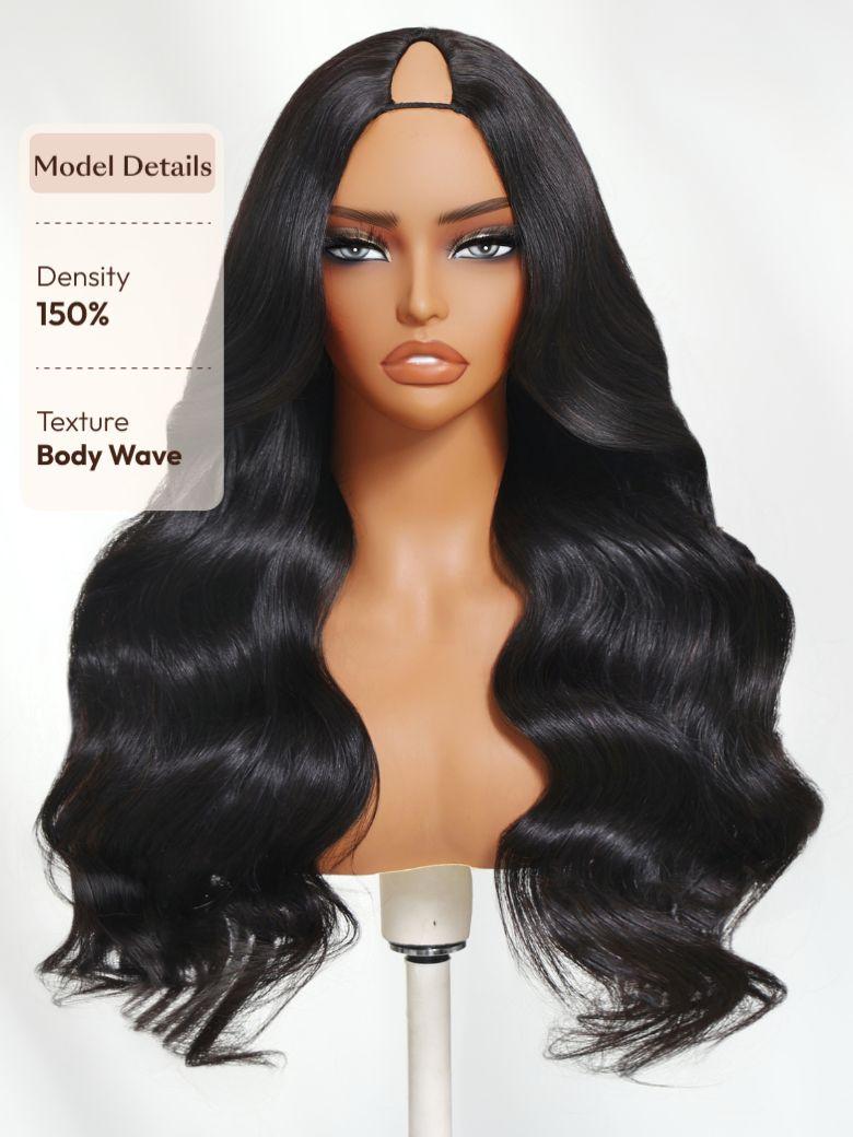 The UNice InvisiBlend V part Natural Black Glueless Body Wave Wig Protect Your Natural Hair image highlights Model Details, Density, Texture, BodyWave, a wig with long.
