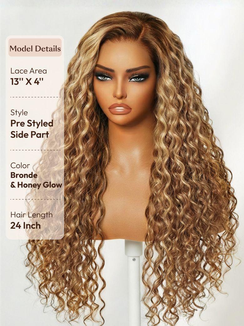 The UNice 13x4 Bye Bye Slip Lace Frontal Bronde Color With Honey Blonde Highlights Water image highlights ModelDetails, LaceArea, 13"X4", Style, a wig with long curly.
