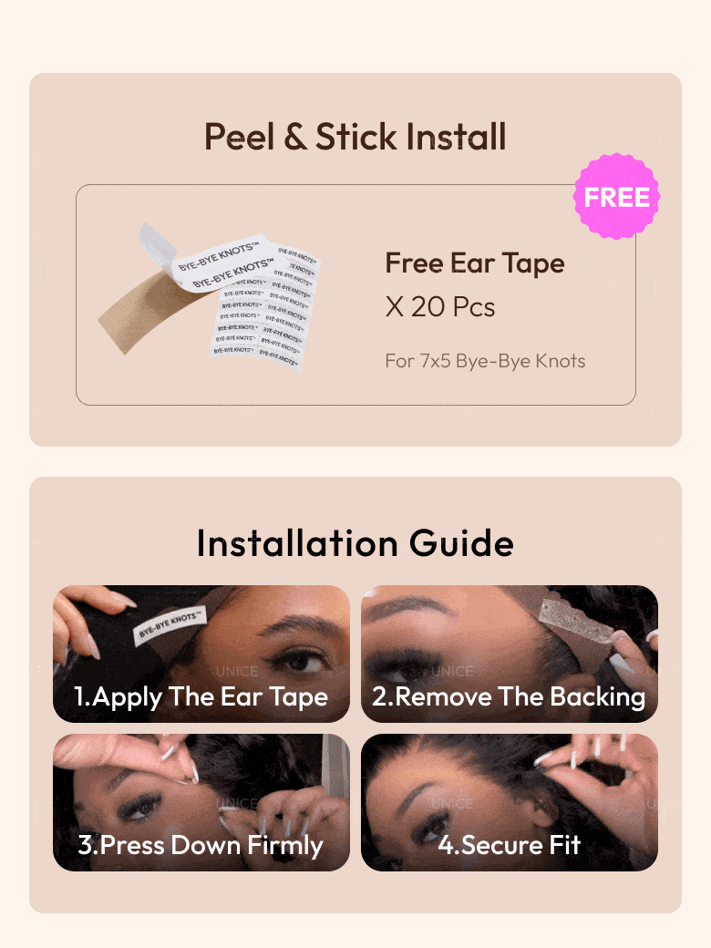 The UNice 7x5 Bye Bye Slip HD & Transparent Glueless Lace Body Wave Lace Front wig image highlights Peel&StickInstall, FREE, Free Ear Tape, BYE-BYEKNOTS, the best.