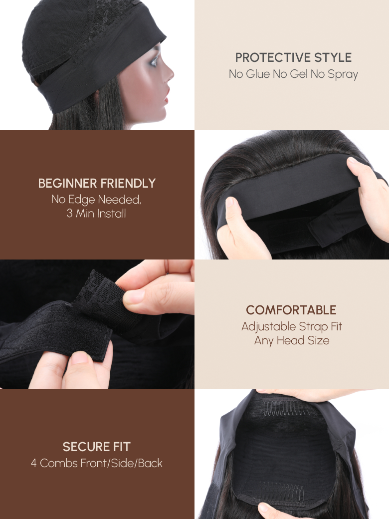 The UNice Balayage Highlight Ombre Color Body Wave Headband Wig 150% Density image highlights PROTECTIVESTYLE, No Glue No Gel No Spray, BEGINNERFRIENDLY, No Edge Needed.