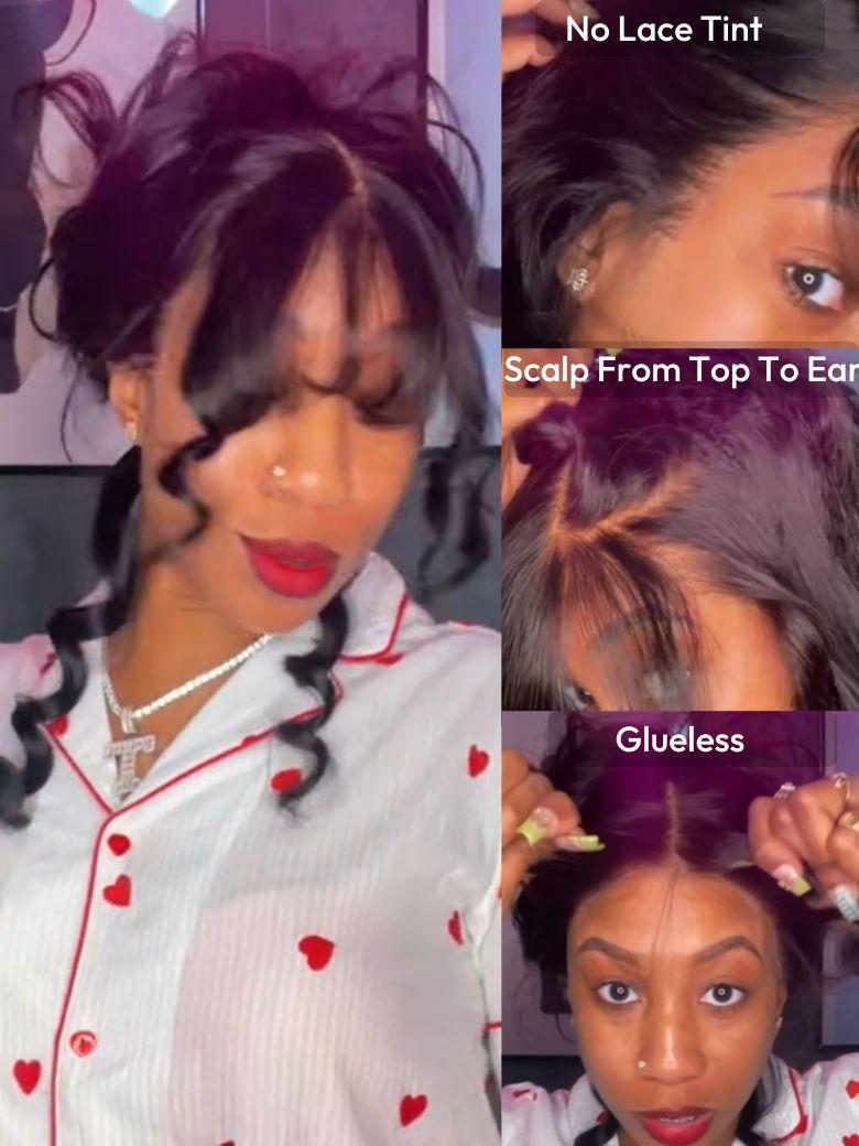A model displays the UNice 13x4 Pre-Everything Lace Frontal Black Fluffy Natural Loose Wave with Curtain, showing a model with a red lipstick and a white shirt and loose.
