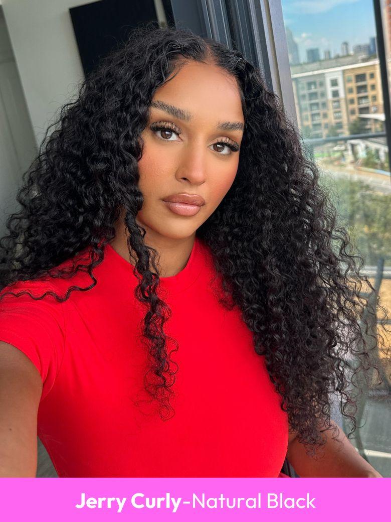 A model displays the UNice 13x4 Glueless Lace Front Collection Wig Virgin Human Hair Wig, showing a model with long curly hair and a red shirt and 13x4, glueless wear.