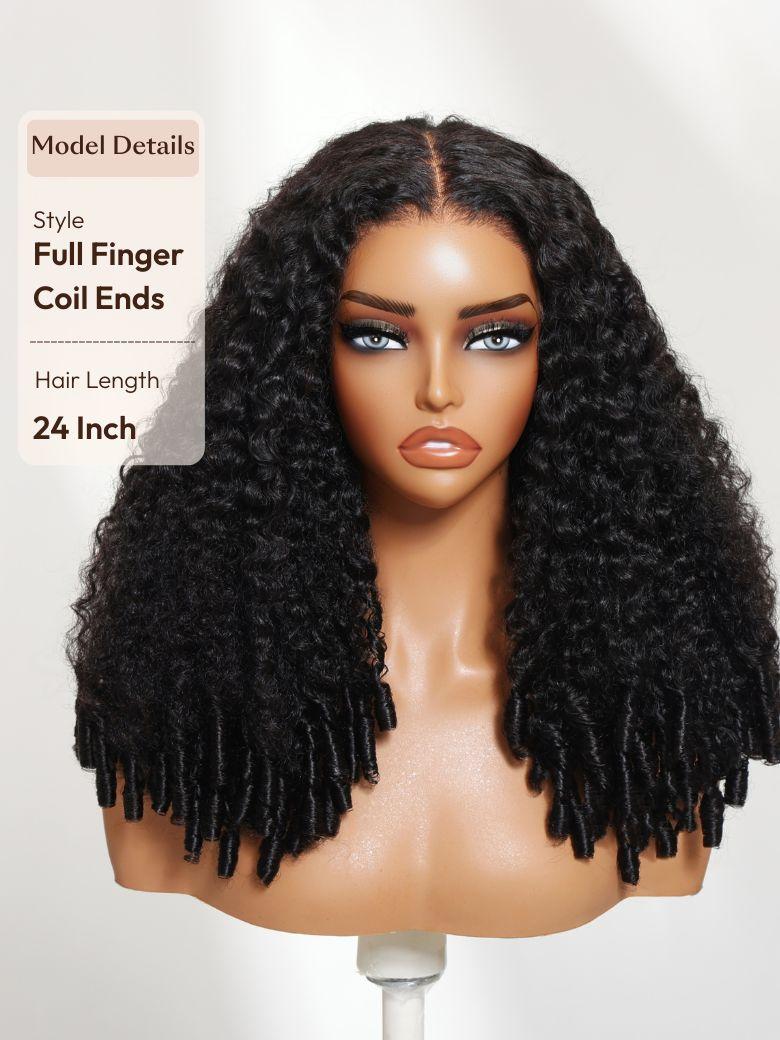 A model displays the UNice 20''-24'' Real Glueless 7x5 Bye Bye Knots Lace Curly Texture Premium Hair wig, showing a model with long curly hair and a full wig and curly.
