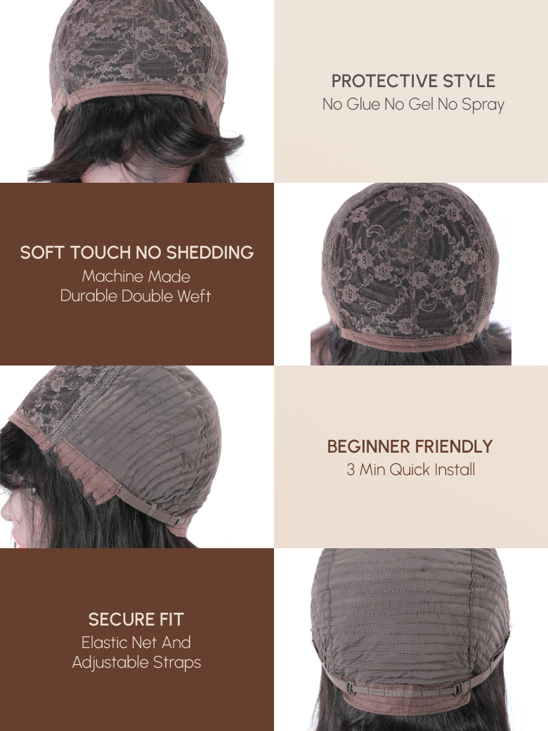 The UNice Short Pixie Cut Human Hair Glueless Wig With Side Bangs image highlights PROTECTIVESTYLE, No GlueNo Gel No Spray, SOFT TOUCHNO SHEDDING, Machine Made.