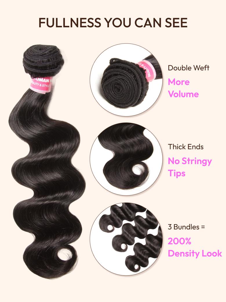 The UNice 3 Pcs Brazilian Body Wave Bundles - Full Install Ready, 100% Virgin Soft Human image highlights FULLNESSYOUCANSEE, DoubleWeft, UMAN, SAUTY&STYLE, brazilian.