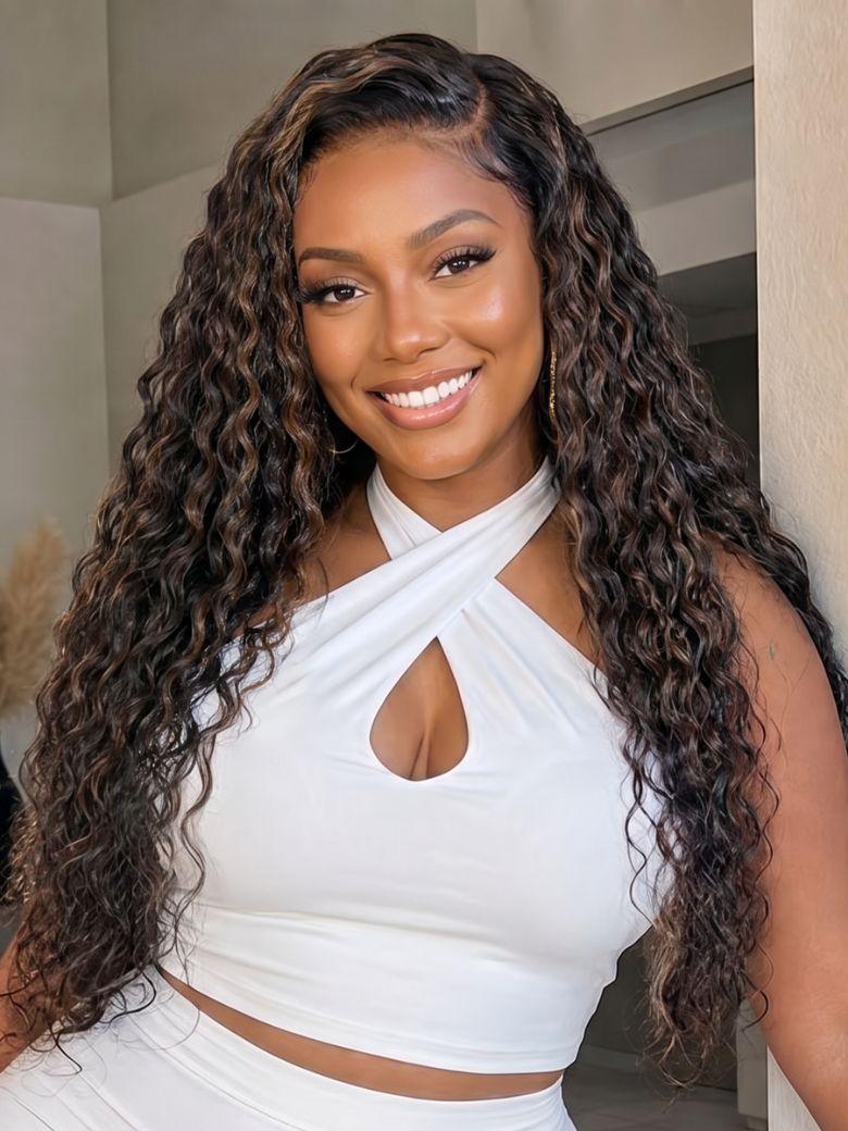 UNice 7x5 Bye-Bye Slip Lace Water Wave Black Wig With Golden Brown Highlights 150% Density Perfect Beach