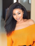 A model displays the UNice Flash sale UNice Hair 100% Virgin Kinky Straight Hair Human Hair 3 Bundles, showing a model with long hair and kinky straight texture.