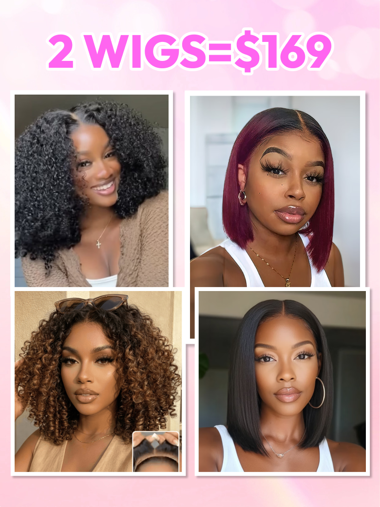 A model displays the UNice 2 wig $169 for 7x5 bye bye slip Chestnut Brown Ombre Finger Coil Ends Wig With, showing wigs for black women and ombre, 7x5, drawstring fit.