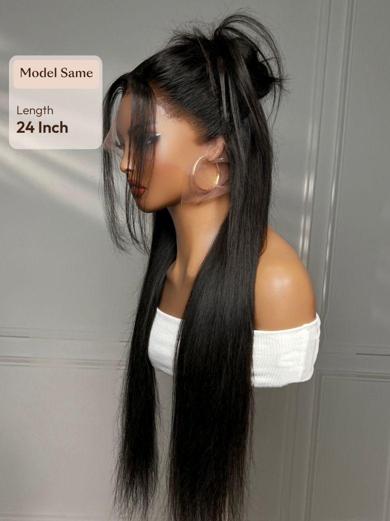 A model displays the UNice 360 HD Lace Pre-plucked Luxury Raw Virgin Hair Natural Black Straight Wig, showing a model with long black hair wearing a ponytail ponytail.