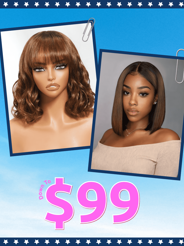 A model displays the UNice 14" Chic 7x5 Bye Bye knots Chestnut Brown Ombre Bob Wig& Black Brown Bob Wig, showing a model with a wig and a picture of her and ombre, 7x5.