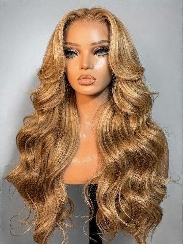 A model displays the UNice 7x5 Bye Bye Slip Wig With Drawstring Pre-Cut Glueless Lace Honey Blonde Body, showing a blonde wig with long wavy hair and body wave texture.