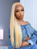 A model displays the UNice Hair 613 Blonde Virgin Human Hair Extension Bundles 10-24 Inch 3PCS Straight Hair, showing a blonde woman with long hair sitting on a bed.