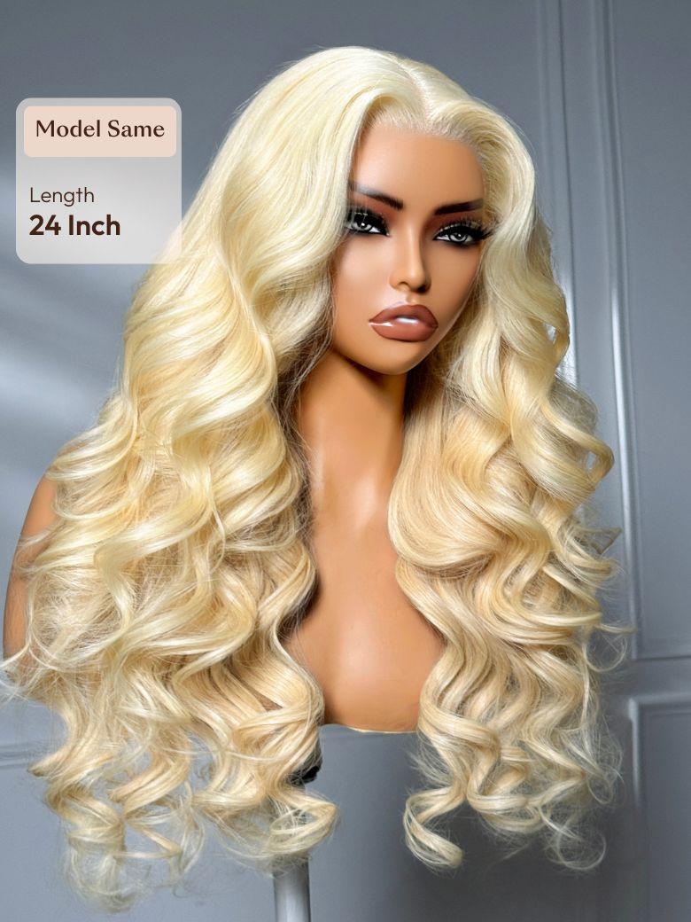 A model displays the UNice Full Lace 100% Handmade Blonde Body Wave & Straight Pre Plucked human hair wig, showing blonde blonde long wavy wig with bangs and body wave.