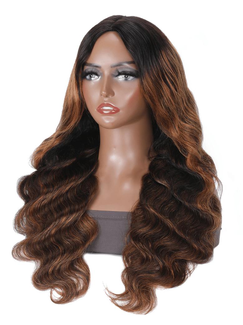 The UNice Scalp-Friendly V Part Body Wave Shadow Root Balayage Highlight Colored wig visual image position 4 shows a wig with long wavy hair | body wave texture.