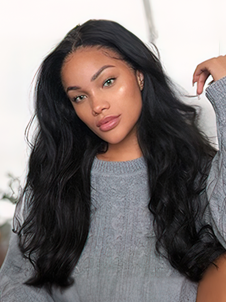 A model displays the UNice 5x5 Clear HD Lace Closure With Body Wave 3Pcs Bundles, showing a woman wearing a gray sweater and body wave texture, 5x5, lace finish.