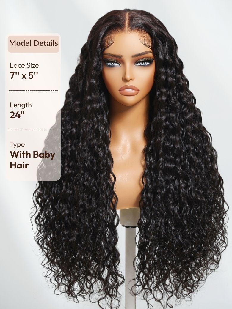 The UNice 7x5 Bye Bye Knots & 13x4 HD Lace Put On And Go Glueless Water Wave Wig and image highlights Model Details, LaceSize, Length, Type, full lace wigs with baby.